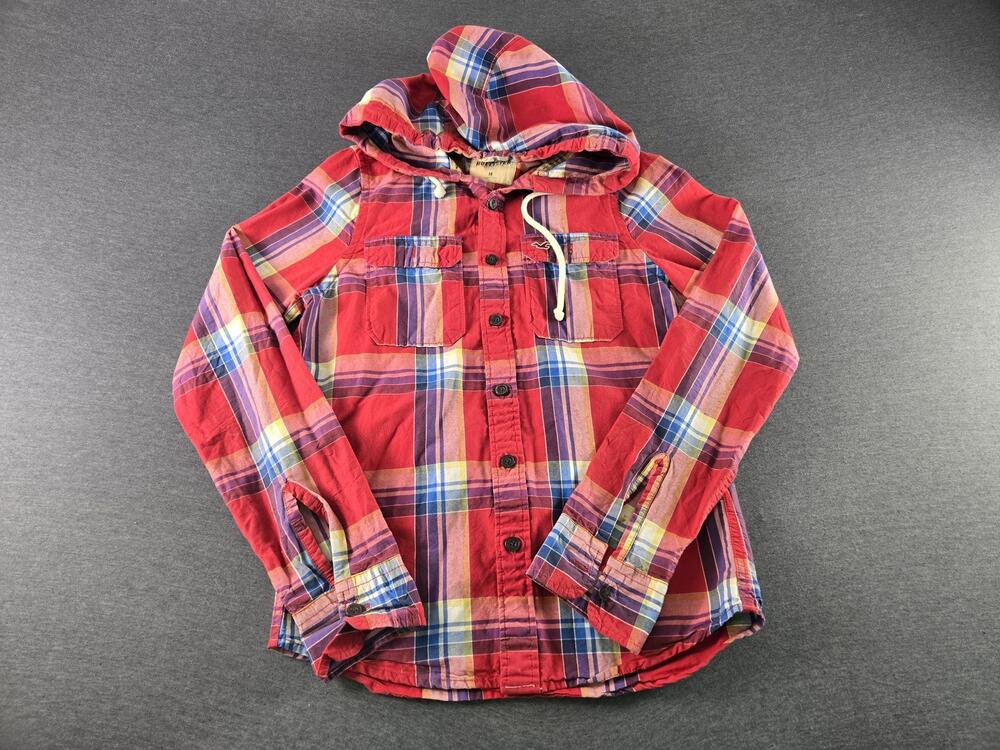 Hollister Shirt Mens Medium Red Plaid Hooded Long Sleeve Button Up Shacket
